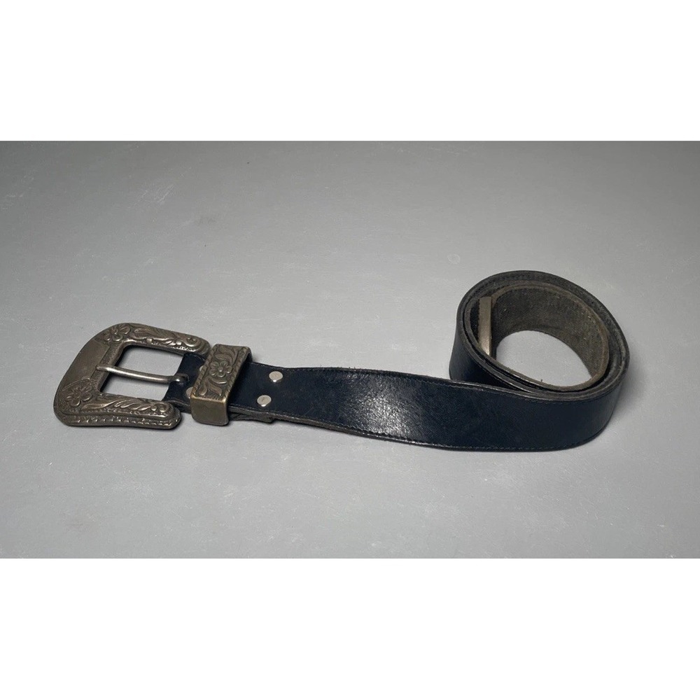 VTG‎ Another Line Black Leather Western Belt Floral Tooled Silver Tip Buckle S